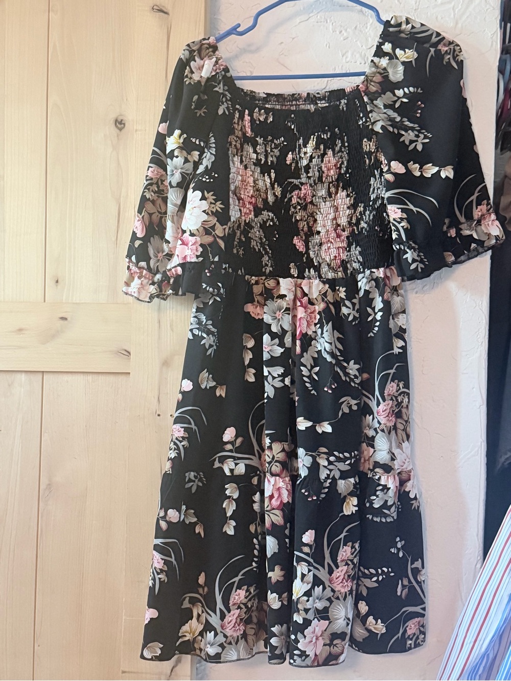 Black Floral Smocked Midi Dress with Pink & Cream Blossoms